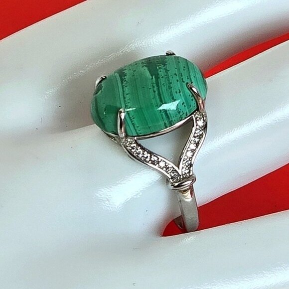 925 Sterling Silver Ring Sz 8.5 with Natural Malachite & CZ - Picture 13 of 13